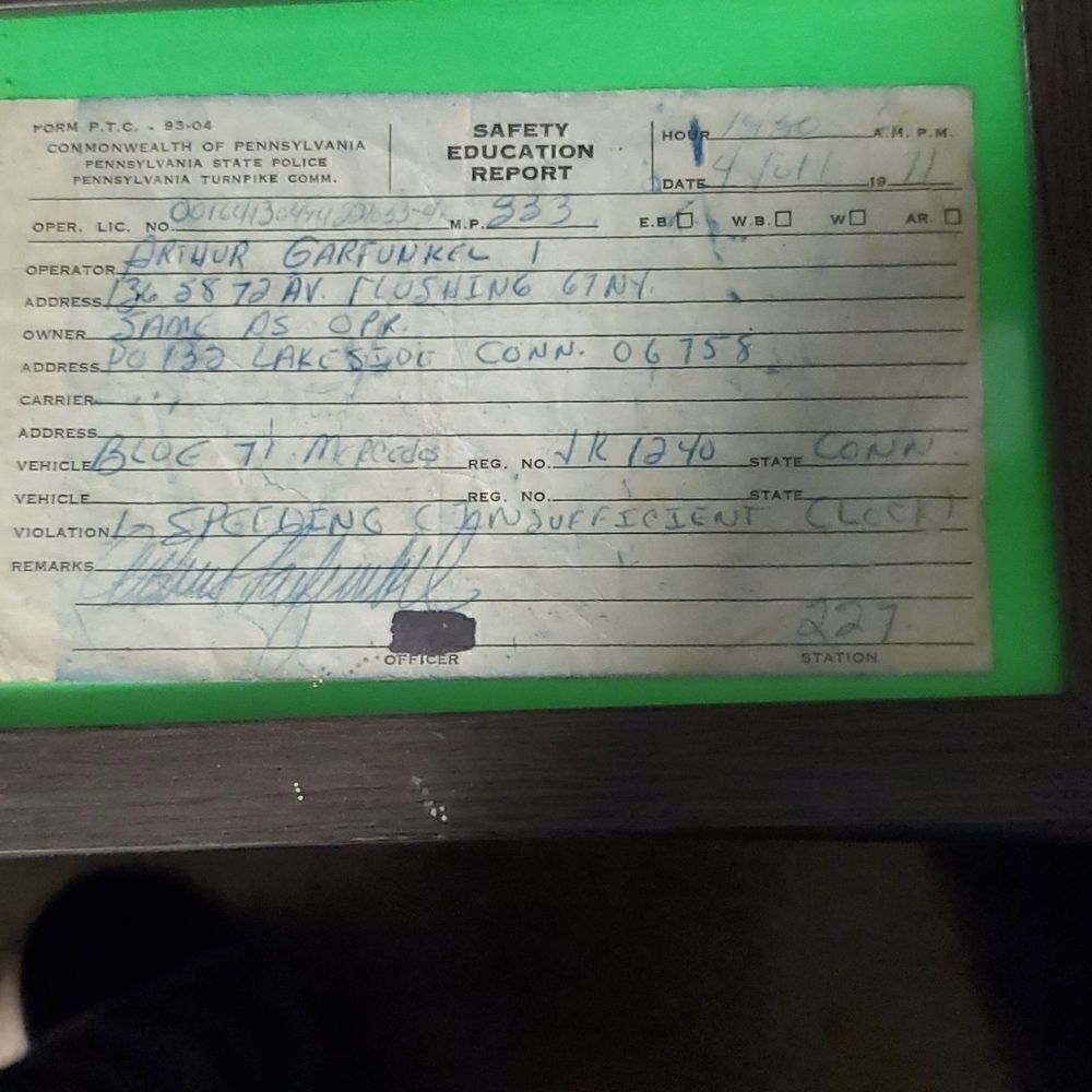 Art Garfunkel signed speeding ticket
